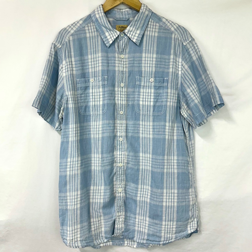 Tre Vero 100% Linen Blue White Plaid Short Sleeve Button Up Shirt Men's L Beach